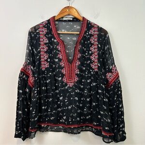 Ulla Johnson Embroidered Silk Top Black Floral V-Neck Sheer
